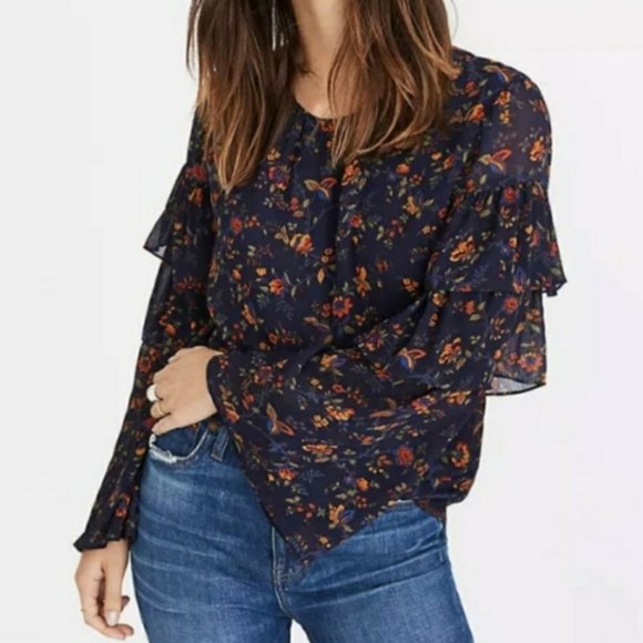 MADEWELL Ruffle Sleeve Moonless Blouse in Navy EUC sz M - Picture 9 of 9